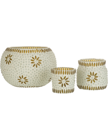 Photophore original rond Mosaïque Diamètre 13 cm en Verre Jaune Blanc Motif fleurs Bram - 4