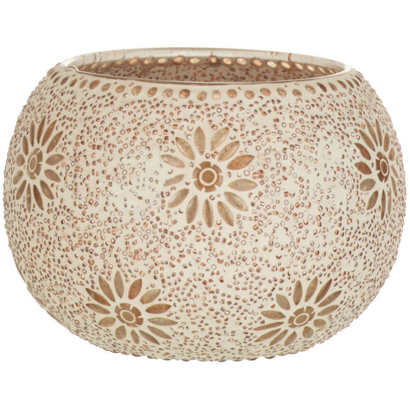 Photophore original rond Mosaïque Diamètre 13 cm en Verre Rose Blanc Motif fleurs Bram - 1