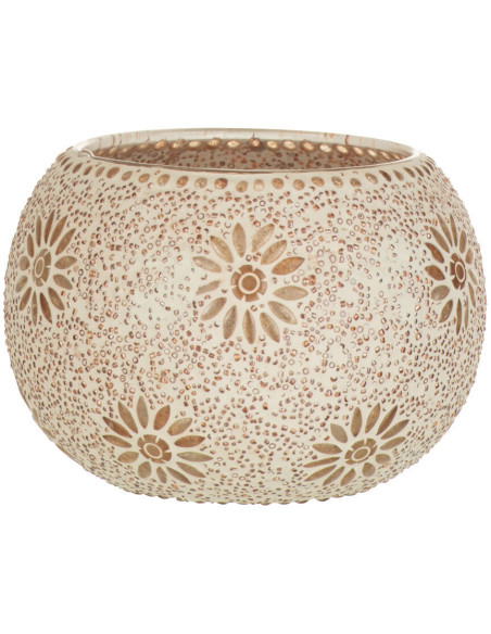 Photophore original rond Mosaïque Diamètre 13 cm en Verre Rose Blanc Motif fleurs Bram - 1