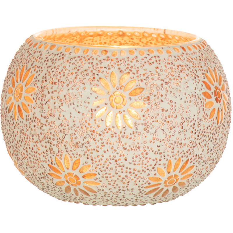 Photophore original rond Mosaïque Diamètre 13 cm en Verre Rose Blanc Motif fleurs Bram - 2