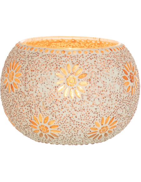 Photophore original rond Mosaïque Diamètre 13 cm en Verre Rose Blanc Motif fleurs Bram - 2