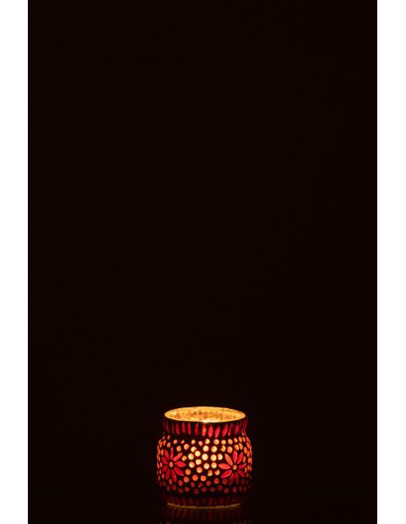 Photophore original Mosaïque Diamètre 8 cm en Verre Rouge Blanc Motif fleurs Bram - 3