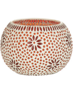 Photophore original rond Mosaïque Diamètre 13 cm en Verre Rouge Blanc Motif fleurs Bram - 1