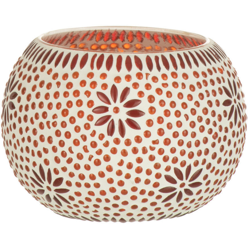 Photophore original rond Mosaïque Diamètre 13 cm en Verre Rouge Blanc Motif fleurs Bram - 1