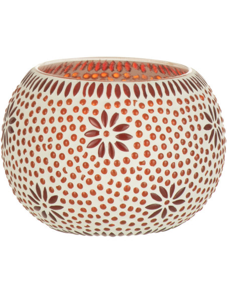 Photophore original rond Mosaïque Diamètre 13 cm en Verre Rouge Blanc Motif fleurs Bram - 1