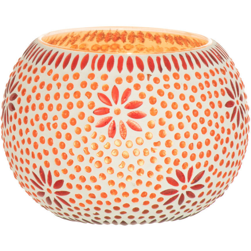 Photophore original rond Mosaïque Diamètre 13 cm en Verre Rouge Blanc Motif fleurs Bram - 2