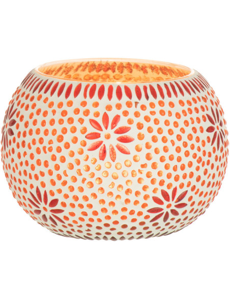 Photophore original rond Mosaïque Diamètre 13 cm en Verre Rouge Blanc Motif fleurs Bram - 2