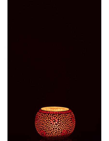 Photophore original rond Mosaïque Diamètre 13 cm en Verre Rouge Blanc Motif fleurs Bram - 3