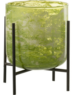 Photophore moderne sur pied XL Diamètre 15 cm en Verre Vert Métal Noir Effet marbré Tovrio - 1