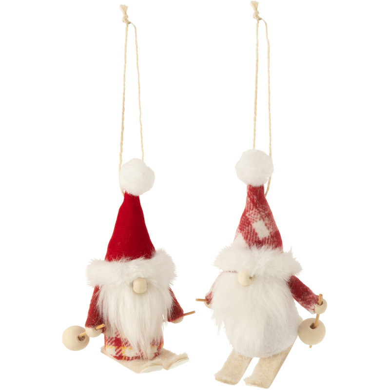 Suspension de Noël Lutin à ski Hauteur 15 cm en Polyester Rouge Blanc (Lot de 2) - 1