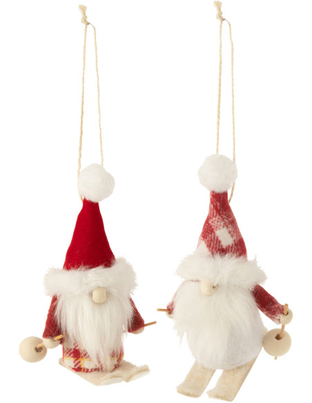 Suspension de Noël Lutin à ski Hauteur 15 cm en Polyester Rouge Blanc (Lot de 2) J-Line - 1