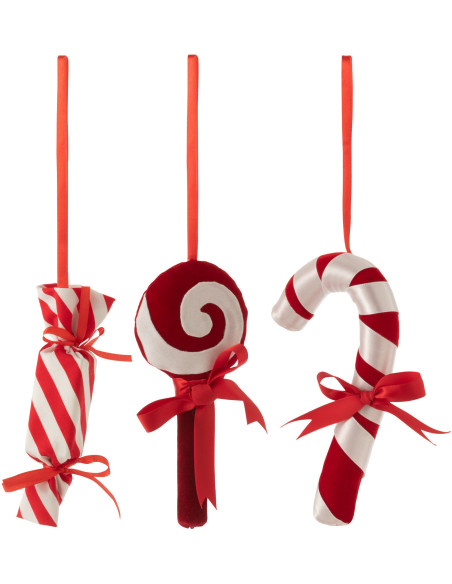 Suspension de Noël Bonbons Hauteur 20 cm en Polyester Rouge Blanc (Lot de 3) J-Line - 1