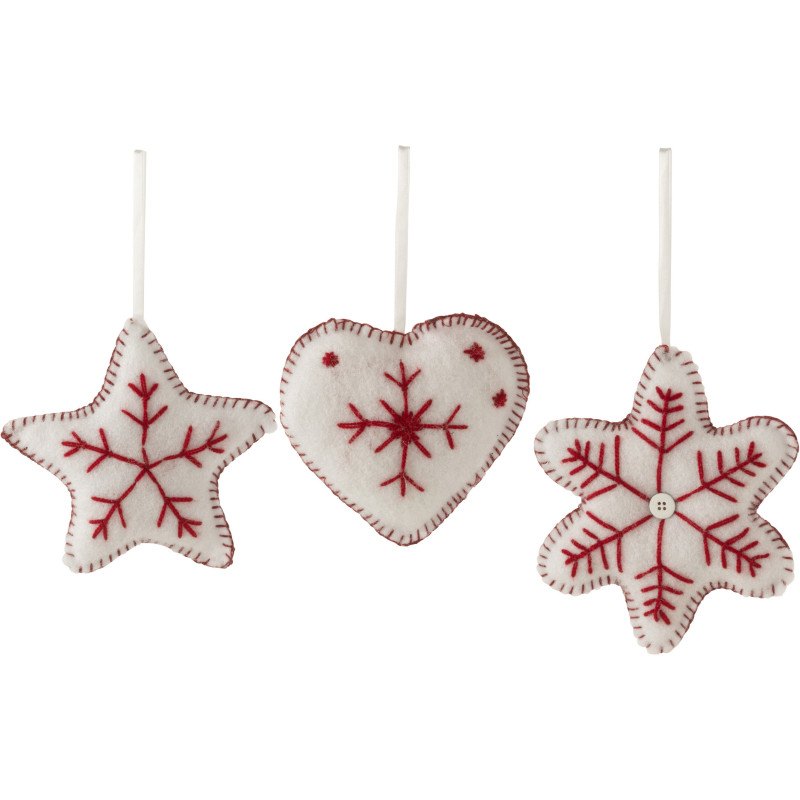Suspension de Noël Coeur Étoile Flocon Hauteur 15 cm en Polyester Blanc Rouge (Lot de 3) - 1