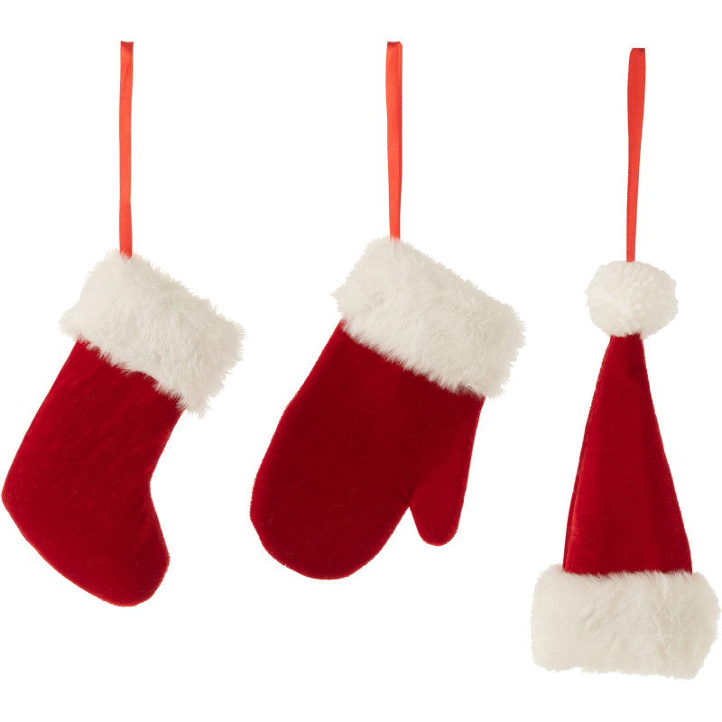 Suspension de Noël Gant Chaussette Bonnet Hauteur 15 cm en Polyester Rouge Blanc (Lot de 3) - 1