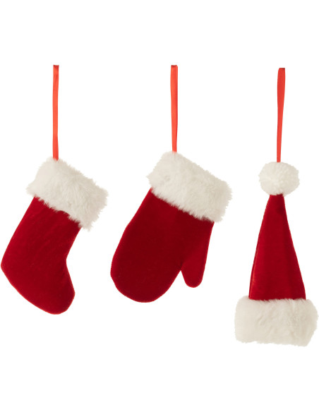 Suspension de Noël Gant Chaussette Bonnet Hauteur 15 cm en Polyester Rouge Blanc (Lot de 3) J-Line - 1