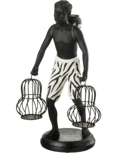 Statuette déco africaine Garçon avec paniers Hauteur 31 cm en Résine Blanc Noir Hylor - 1
