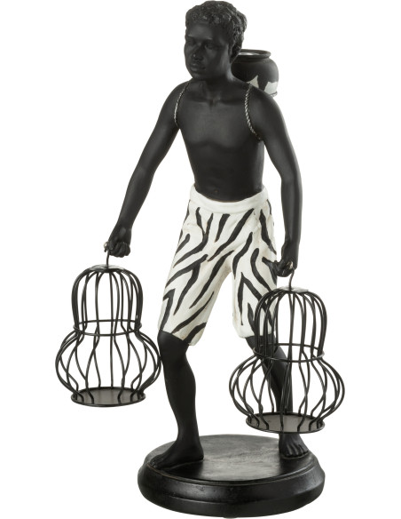 Statuette déco africaine Garçon avec paniers Hauteur 31 cm en Résine Blanc Noir Hylor - 1