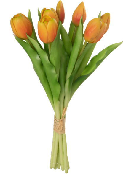 Bouquet Fleurs artificielle réaliste Tulipe Hauteur 31 cm en Plastique Orange Vert J-Line - 1