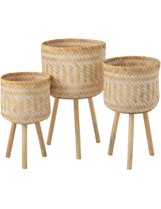 Panier de rangement sur pieds Rond en Bambou Blanc Naturel Sven (Lot de 3) - 1