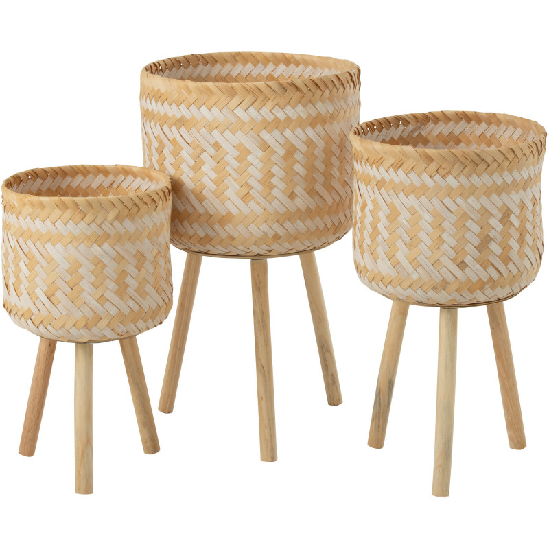 Panier de rangement sur pieds Rond en Bambou Blanc Naturel Sven (Lot de 3) - 1