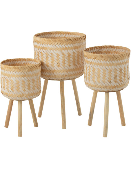 Panier de rangement sur pieds Rond en Bambou Blanc Naturel Sven (Lot de 3) - 1