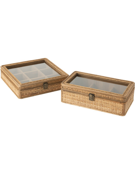 Boite à Thés & Infusions vintage 6 cases en Rotin Naturel Verre Transparent Myzona - 4