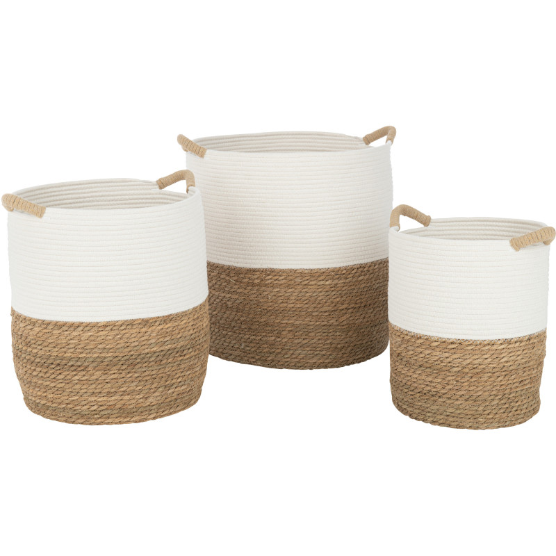 Panier de rangement Rond en Tissu Blanc Naturel Tressé Xyland (Lot de 3) - 1