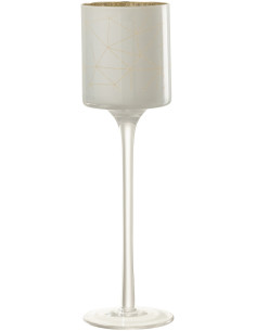 Photophore moderne sur pied Hauteur 25 cm en Verre Blanc Doré Motif lignes Milano - 1