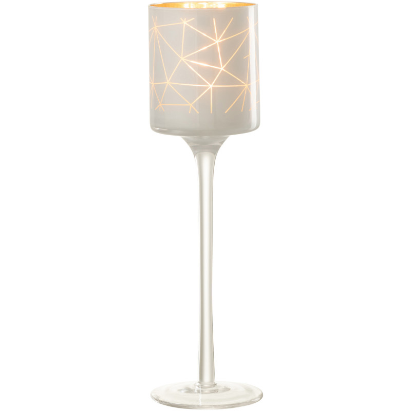 Photophore moderne sur pied Hauteur 25 cm en Verre Blanc Doré Motif lignes Milano - 2