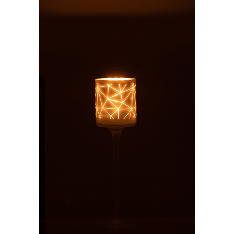 Photophore moderne sur pied Hauteur 25 cm en Verre Blanc Doré Motif lignes Milano - 3