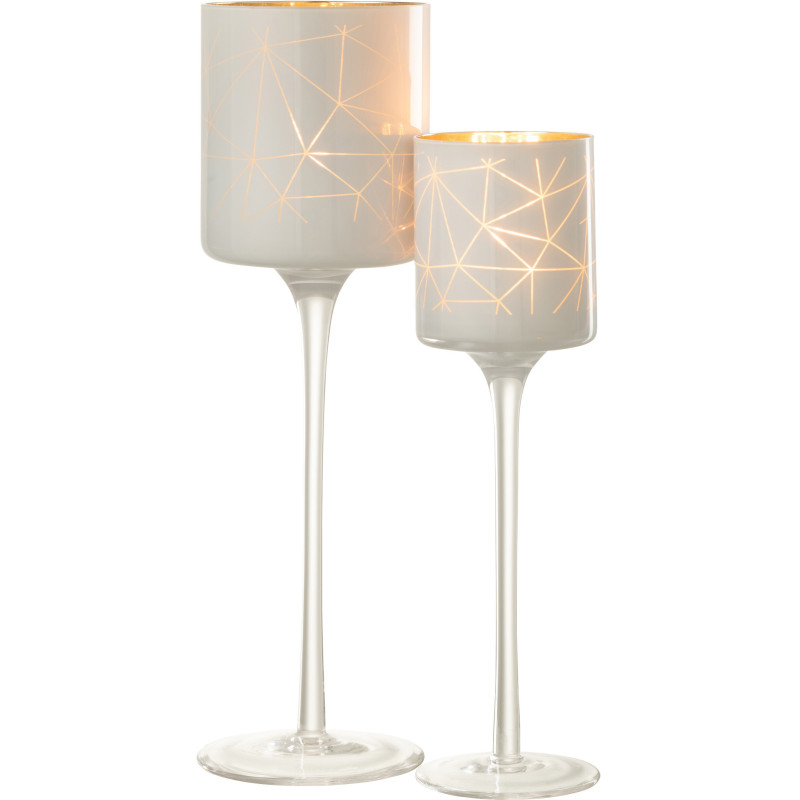 Photophore moderne sur pied XL Hauteur 30 cm en Verre Blanc Doré Motif lignes Milano - 5