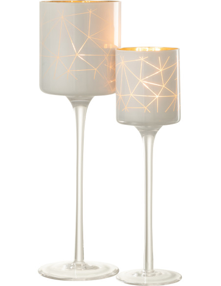 Photophore moderne sur pied XL Hauteur 30 cm en Verre Blanc Doré Motif lignes Milano - 5