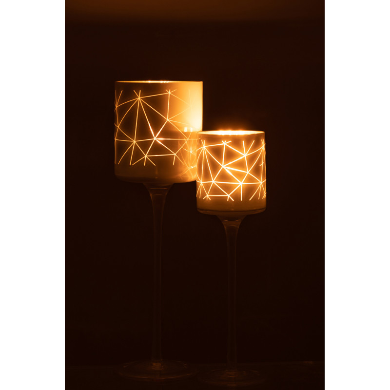 Photophore moderne sur pied XL Hauteur 30 cm en Verre Blanc Doré Motif lignes Milano - 6