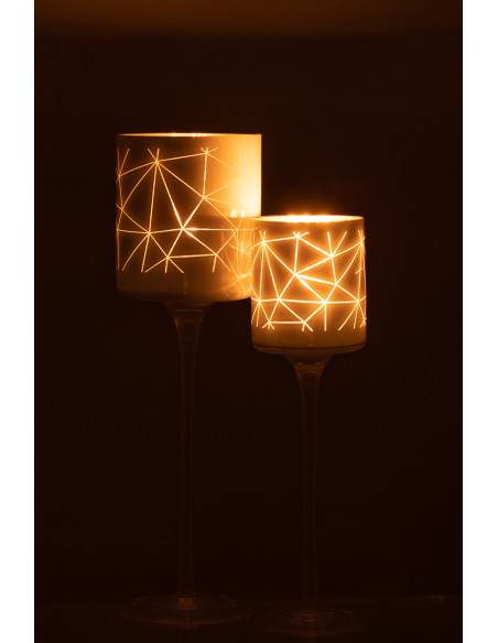 Photophore moderne sur pied XL Hauteur 30 cm en Verre Blanc Doré Motif lignes Milano - 6