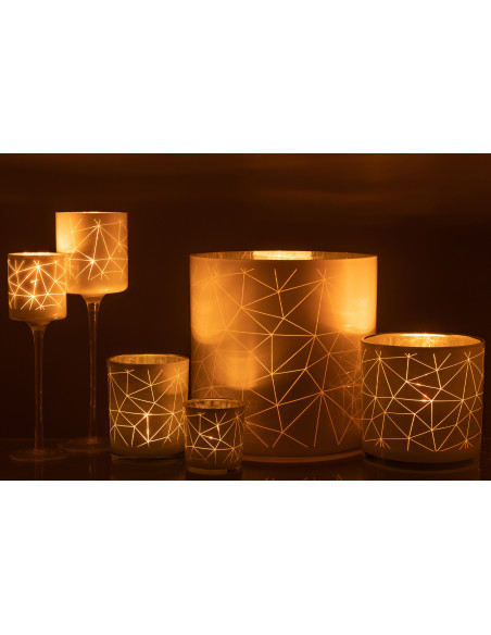 Photophore moderne sur pied XL Hauteur 30 cm en Verre Blanc Doré Motif lignes Milano - 9