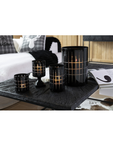 Photophore moderne sur pied Hauteur 18 cm en Verre Noir Motif carreaux Norvo - 2