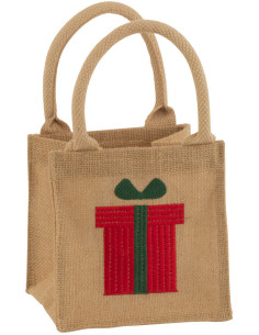 Sac cabas de Noël 15 cm en Jute Naturel Motif cadeau avec sequins - 1