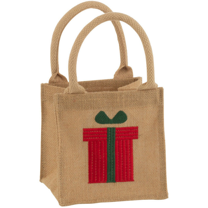 Sac cabas de Noël 15 cm en Jute Naturel Motif cadeau avec sequins - 1