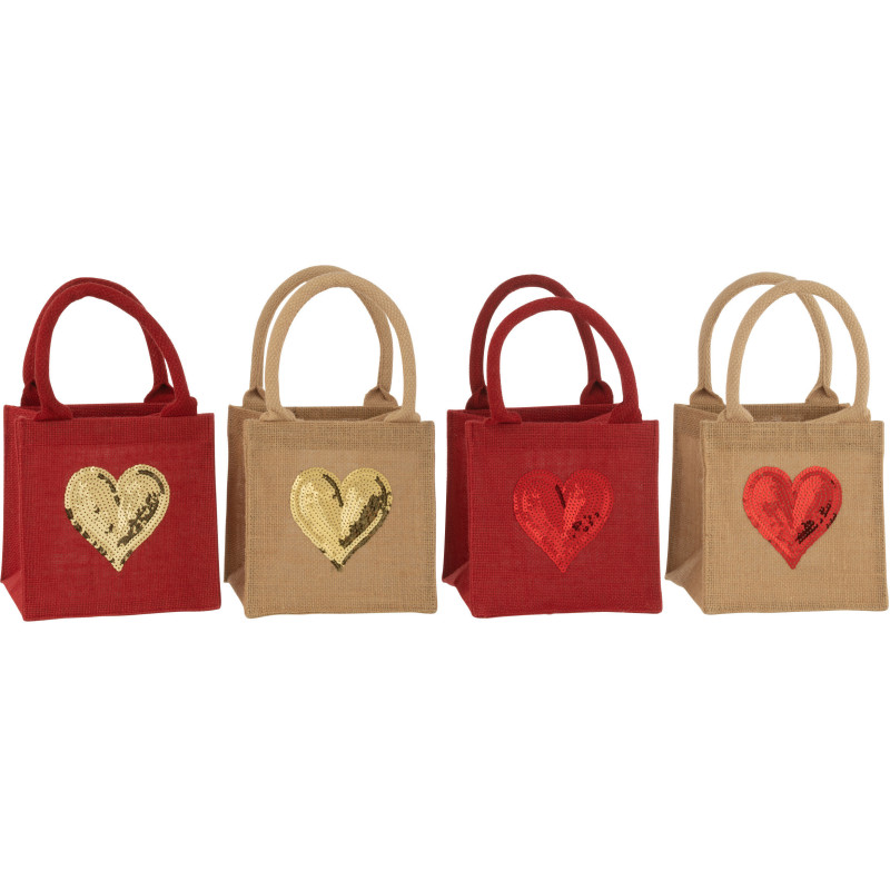 Sac cabas de Noël 15 cm en Jute Naturel Motif coeur avec sequins (Lot de 3) - 1