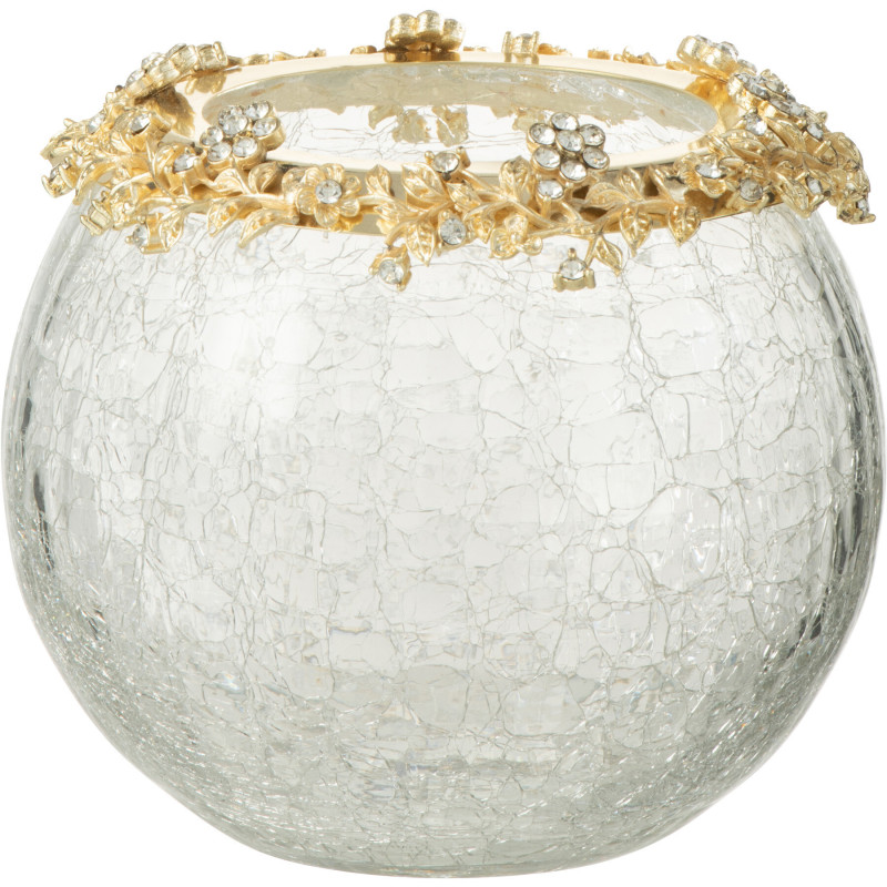 Photophore original Boule Diamètre 14 cm en Métal Doré Verre Transparent Motif fleurs Helina - 1