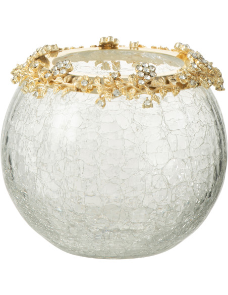 Photophore original Boule Diamètre 14 cm en Métal Doré Verre Transparent Motif fleurs Helina - 1