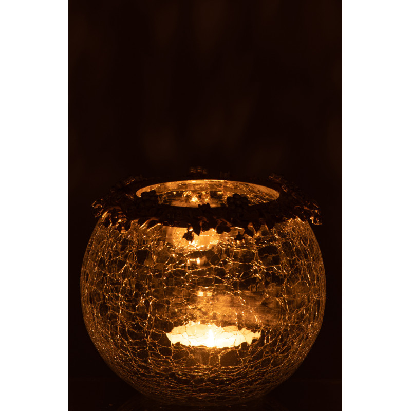 Photophore original Boule Diamètre 14 cm en Métal Doré Verre Transparent Motif fleurs Helina - 3