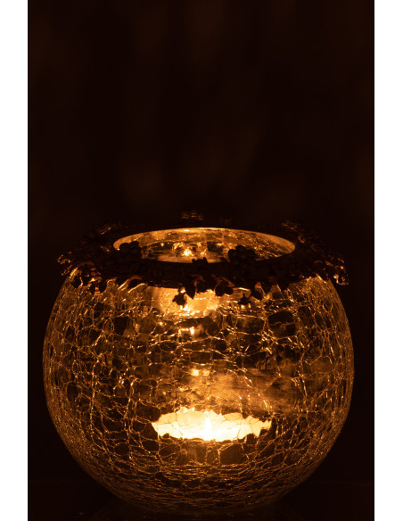 Photophore original Boule Diamètre 14 cm en Métal Doré Verre Transparent Motif fleurs Helina - 3