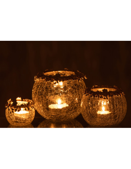 Photophore original Boule Diamètre 14 cm en Métal Doré Verre Transparent Motif fleurs Helina - 6