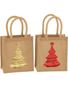 Sac cabas de Noël 25 cm en Jute Naturel Motif sapin avec sequins (Lot de 2) - 1