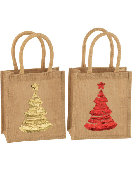 Sac cabas de Noël 25 cm en Jute Naturel Motif sapin avec sequins (Lot de 2) - 1