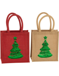 Sac cabas de Noël 25 cm en Jute Naturel Rouge Motif sapin avec sequins (Lot de 2) - 1