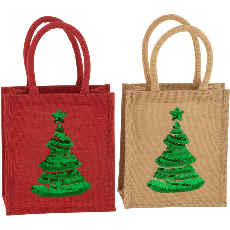 Sac cabas de Noël 25 cm en Jute Naturel Rouge Motif sapin avec sequins (Lot de 2) - 1
