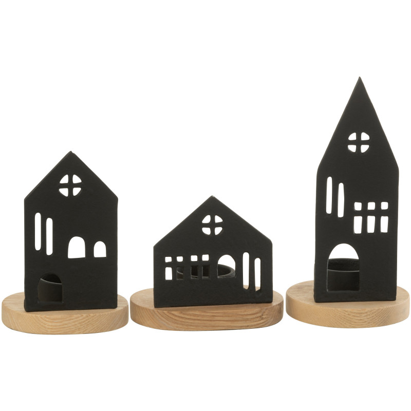 Photophore moderne chic Maisons en Métal Noir Bois Naturel Elvinae (Lot de 3) - 1