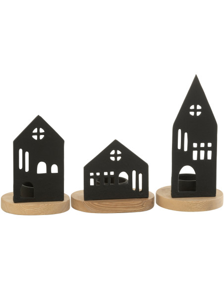 Photophore moderne chic Maisons en Métal Noir Bois Naturel Elvinae (Lot de 3) - 1